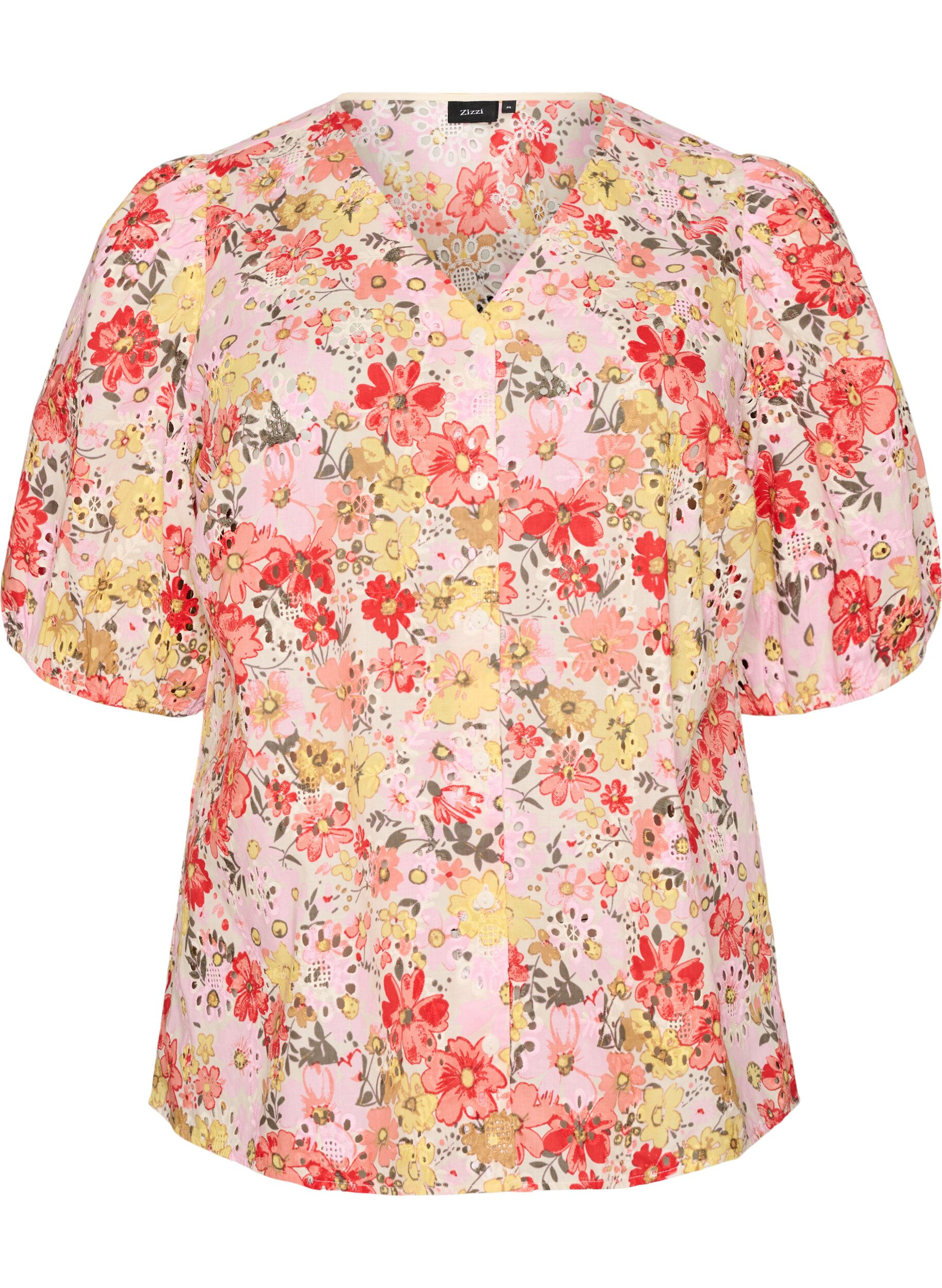 ZizzifashionFloral blouse with eyelet embroidery and V-neck, Rose, Packshot image number 0