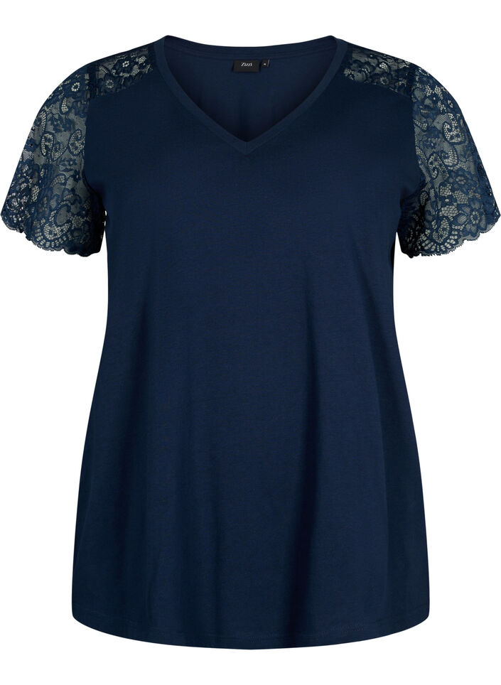 Cotton t-shirt with short lace sleeves, Blue, Packshot image number 0