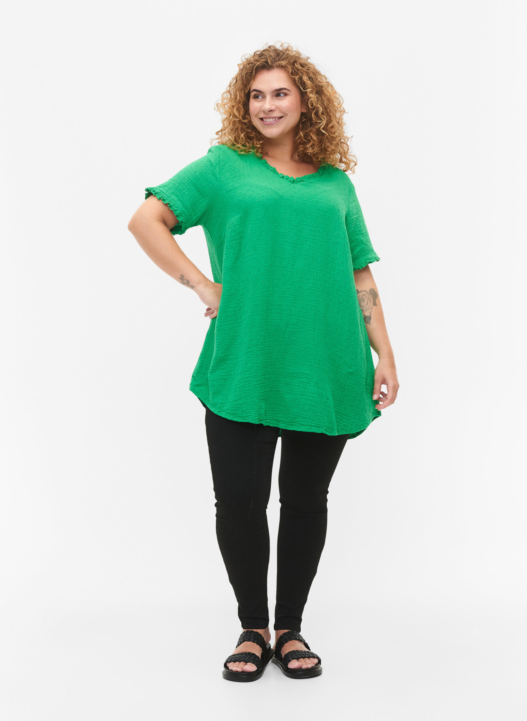 Zizzifashion Short-sleeved cotton tunic with ruffles, Bright Green, Model image number 2