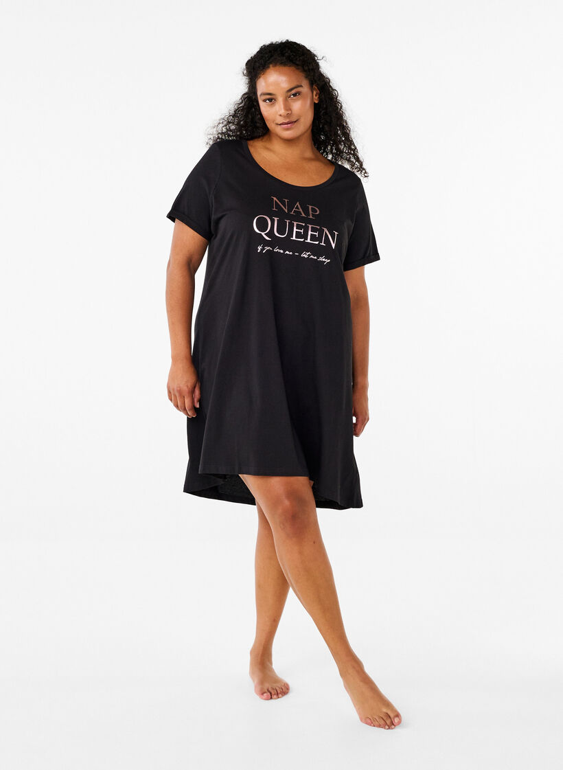 Short-sleeved nightgown in organic cotton, Black, Model image number 1
