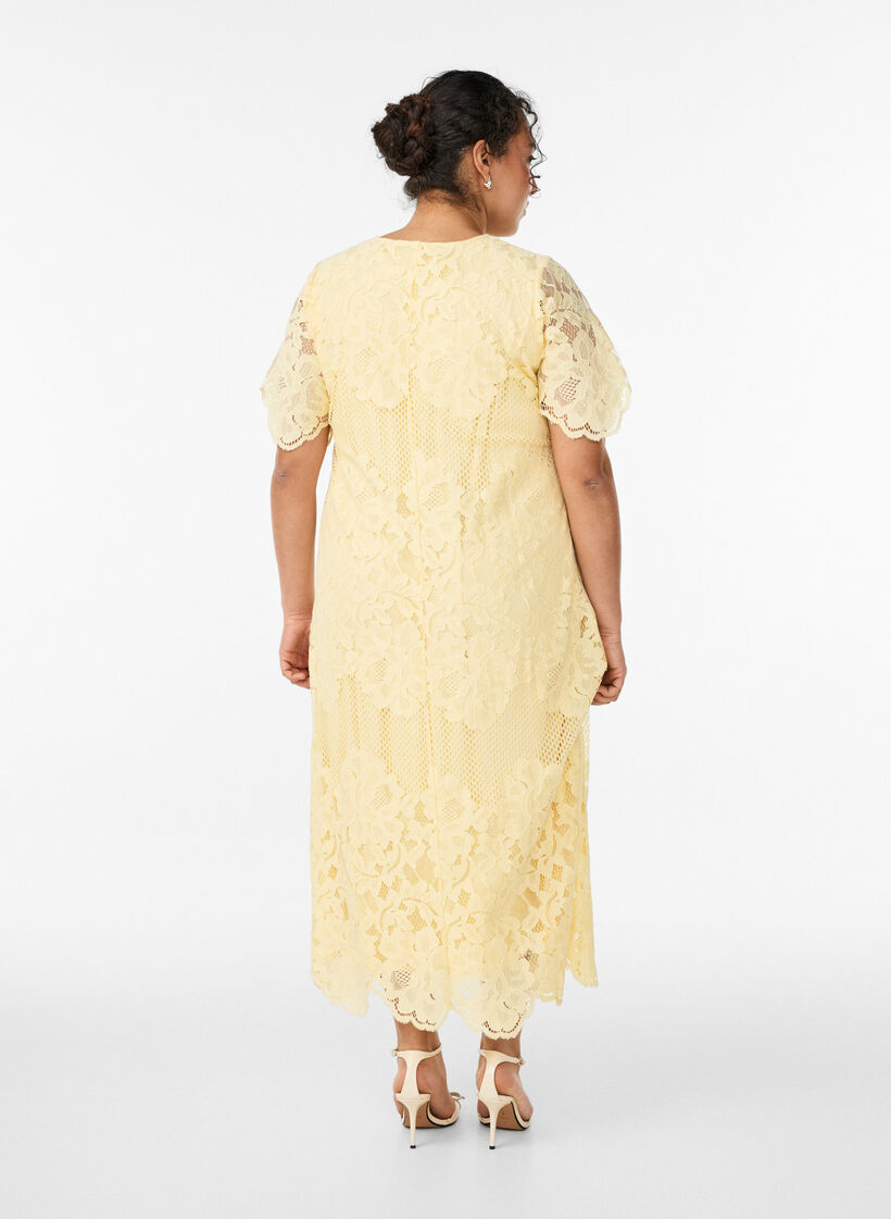 Midi lace dress with scalloped edges, Yellow, Model image number 1