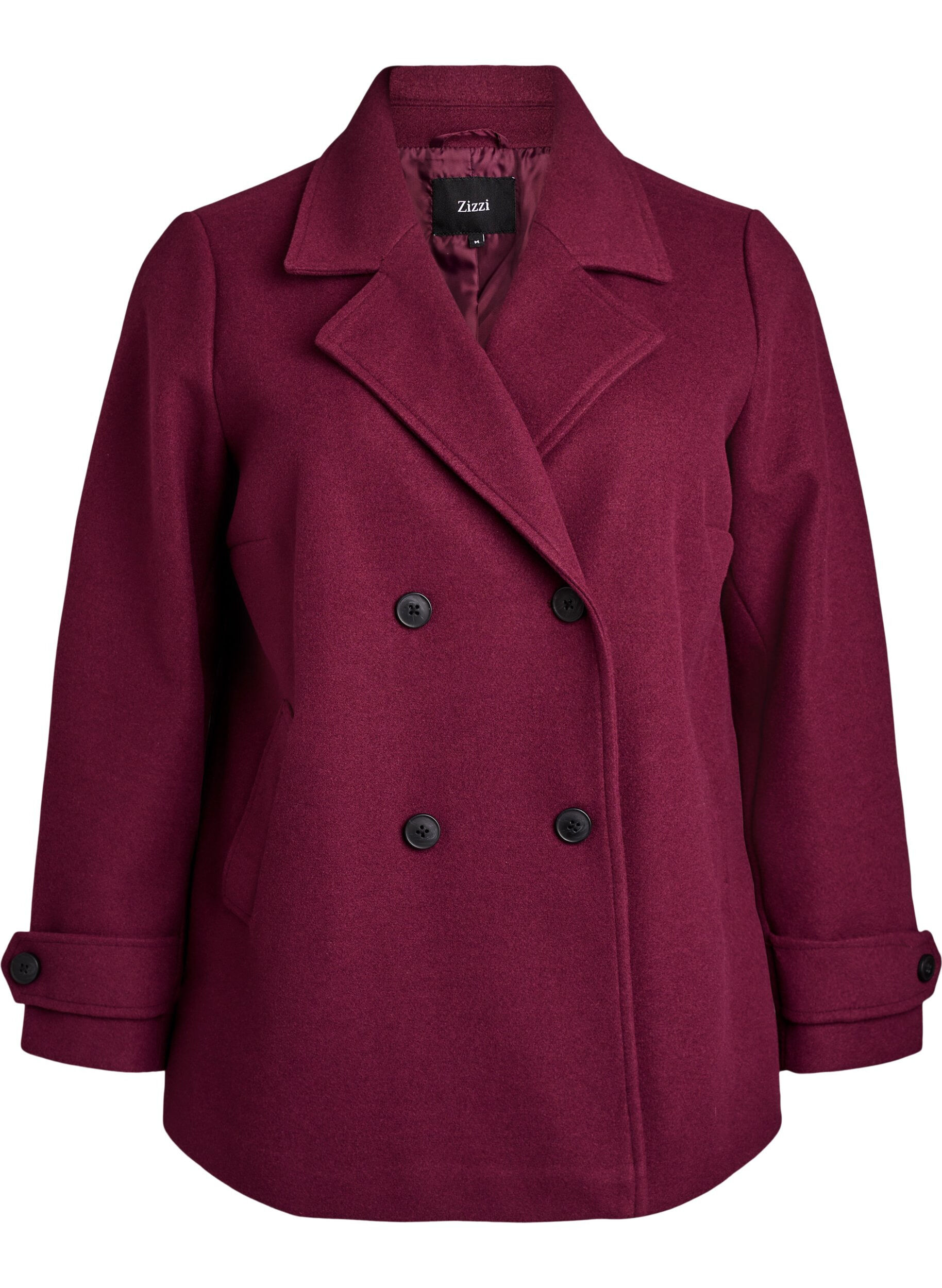 Short coat with double-breasted button closure