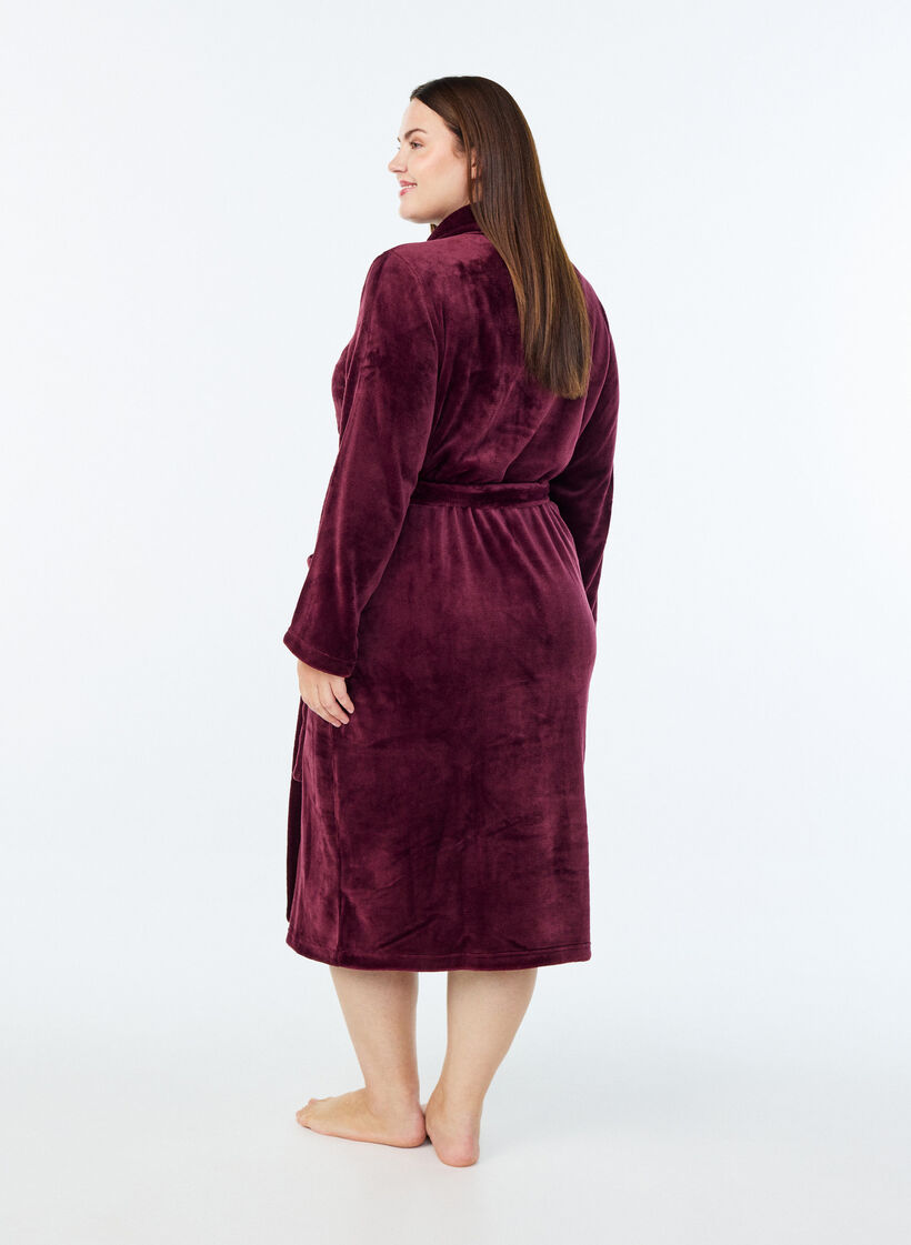 Robe in soft velour with pockets, Dark Bordeaux, Model image number 1