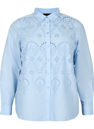 Cotton shirt with broderie anglaise, Chambray Blue, Packshot image number 0