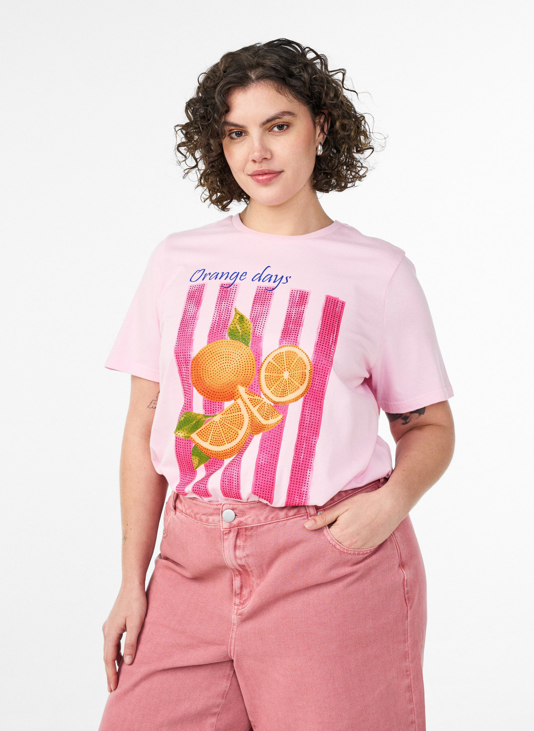 ZizzifashionOrganic cotton T-shirt with front print, Pink, Model image number 0