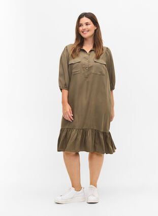 Dress with ruffle trim and 3/4 sleeves, Dusty Olive, Model image number 2