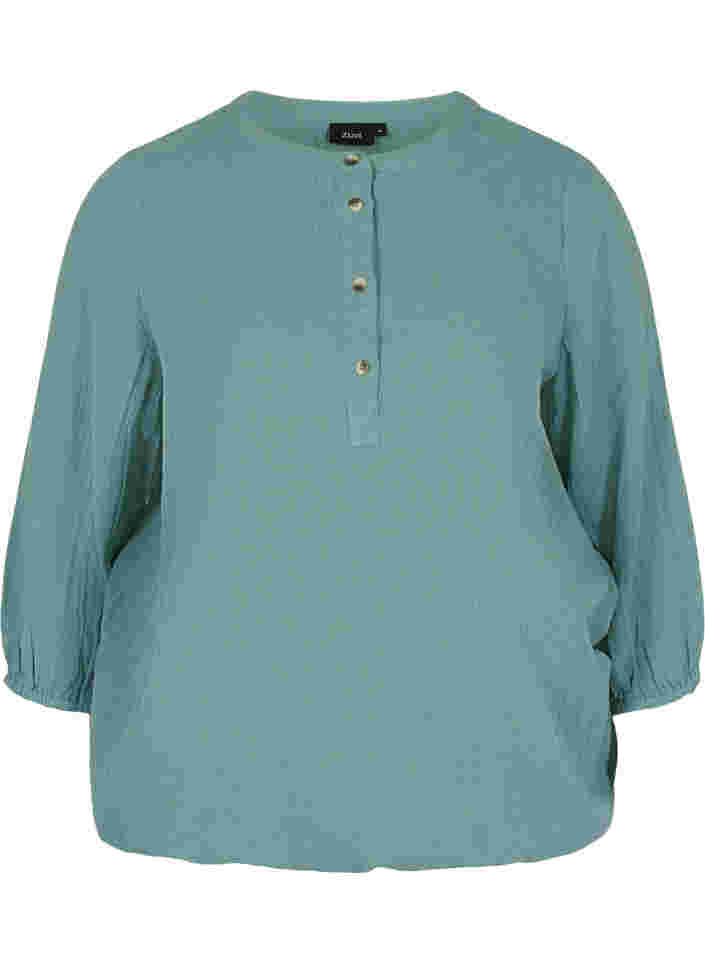 Cotton blouse with buttons and 3/4 sleeves, Sagebrush Green, Packshot image number 0