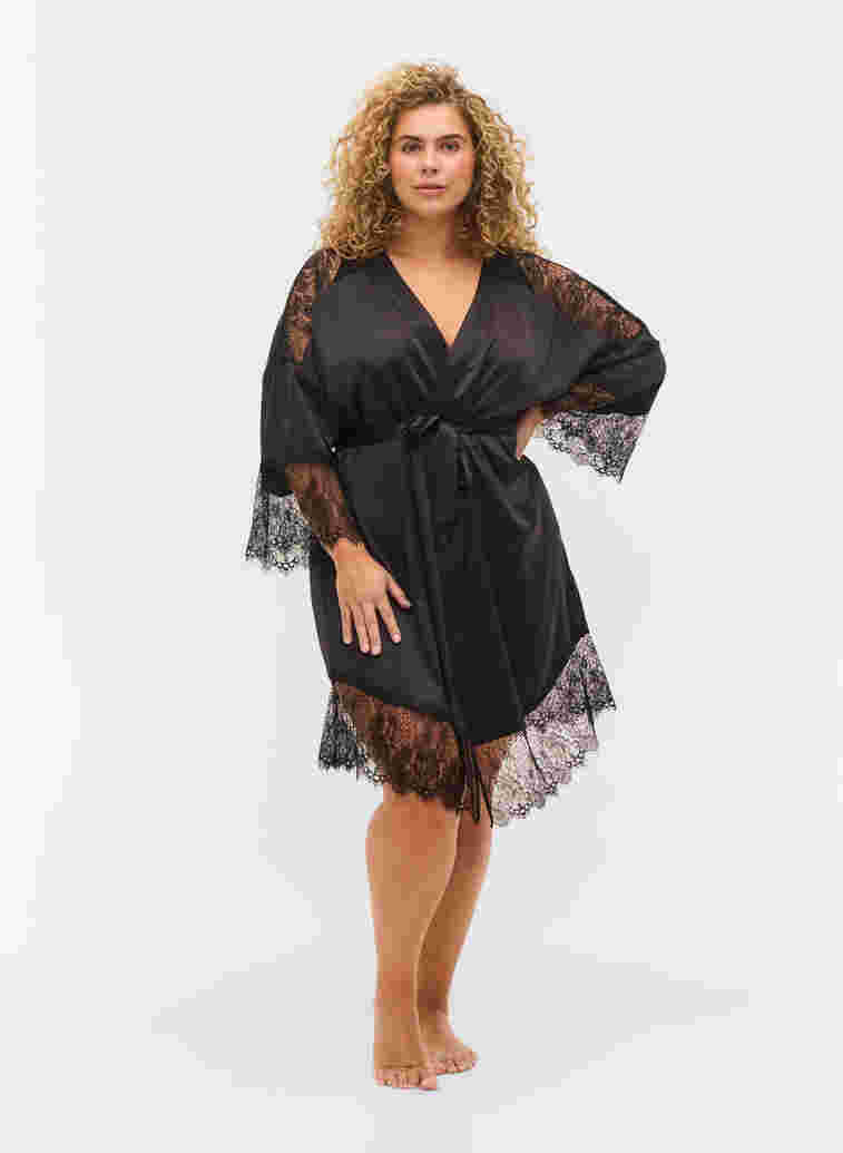 Dressing gown with lace details and tie belt, Black, Model image number 2