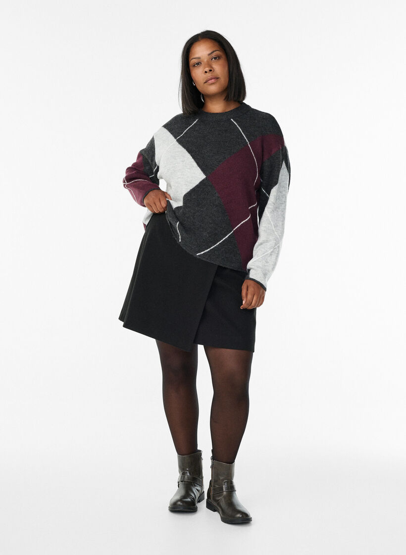Jumper with large checks and contrast sleeves, Dark Grey, Model image number 1