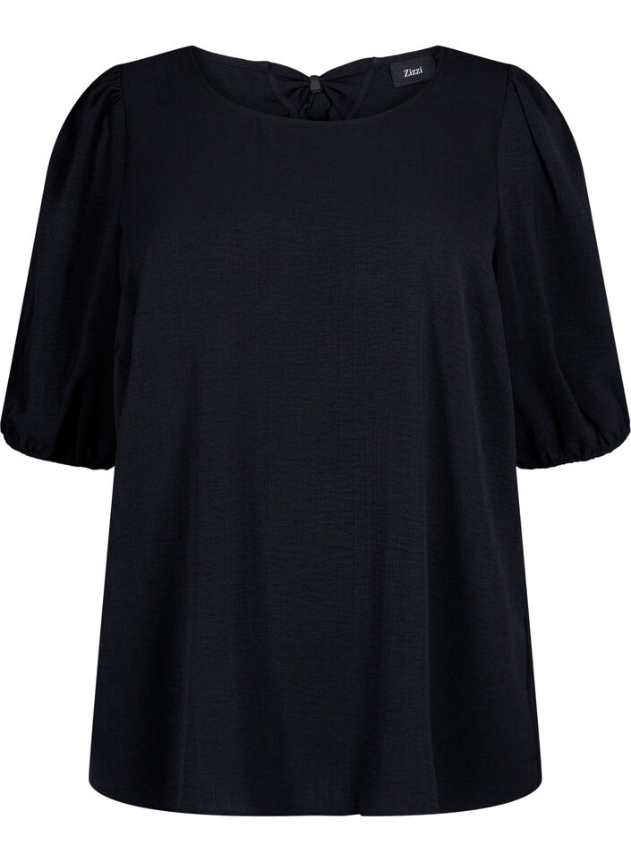 Short-sleeved blouse with a bow at the back, Black, Packshot image number 0