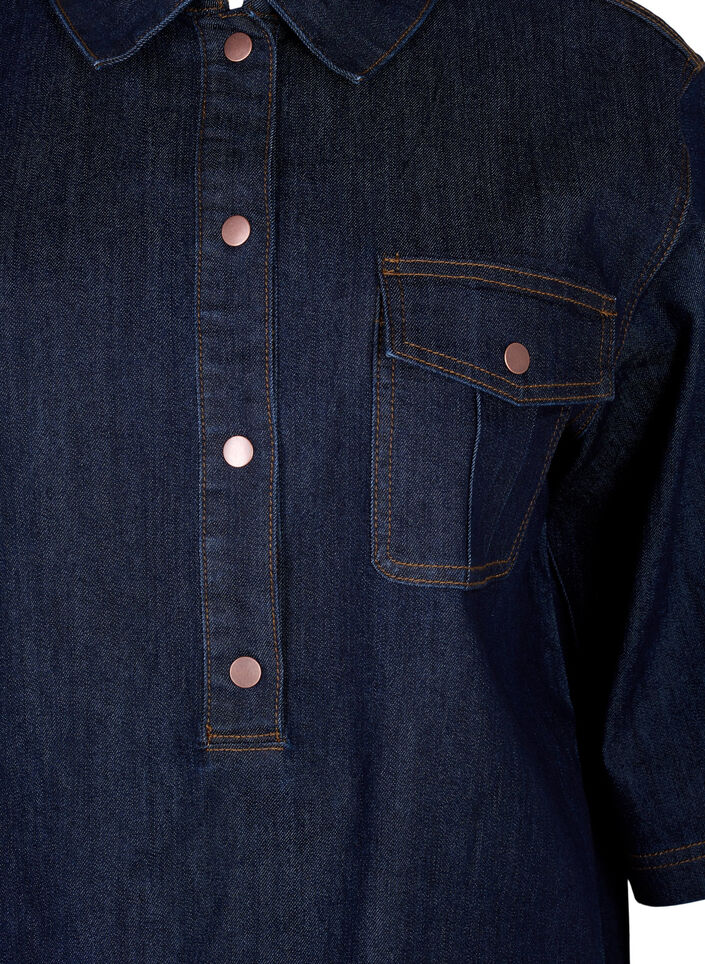 Denim dress with large pockets and 3/4 sleeves, Blue, Packshot image number 2