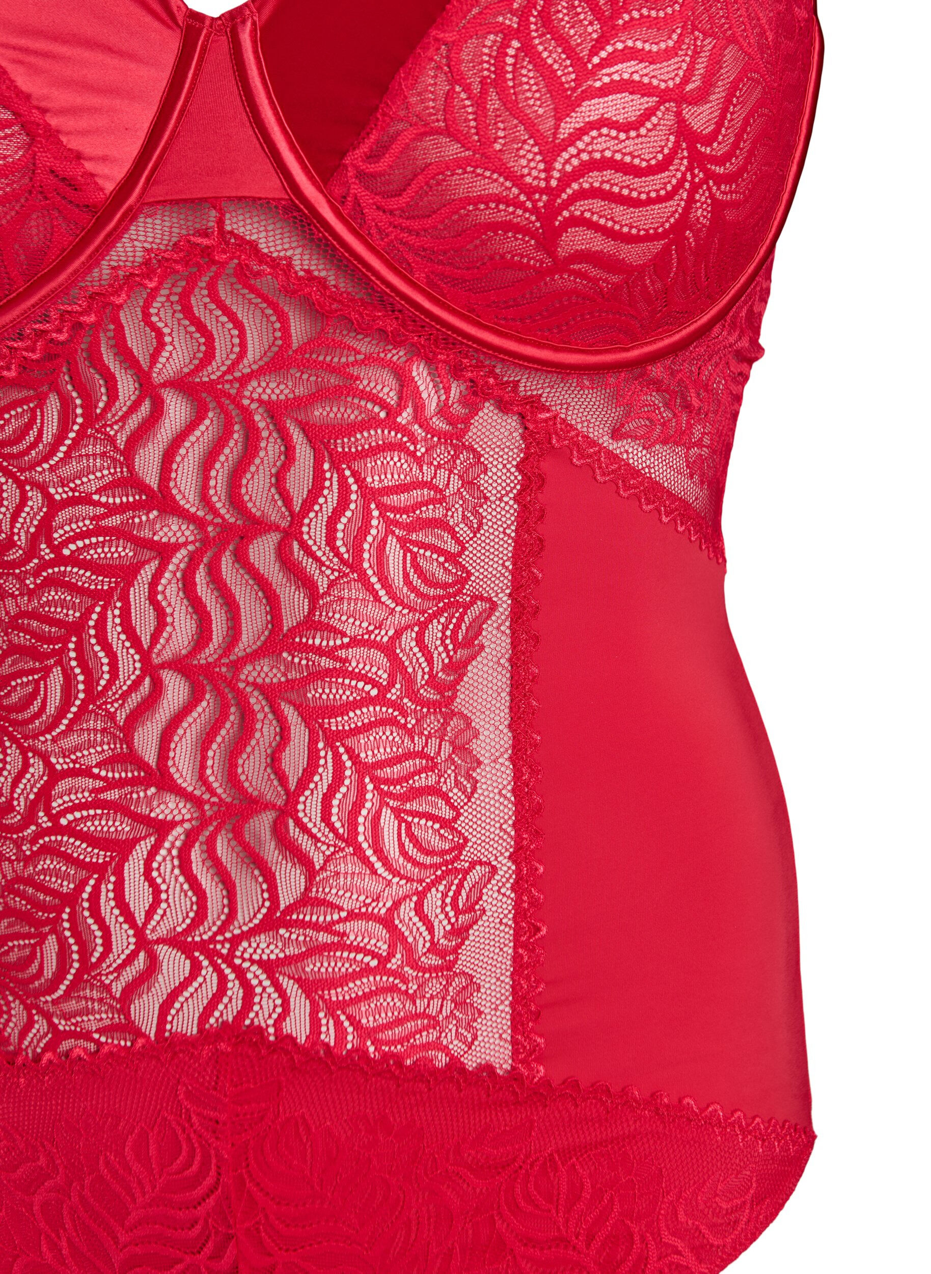 Zizzifashion Bodysuit with lace and satin detail, Red, Packshot image number 2