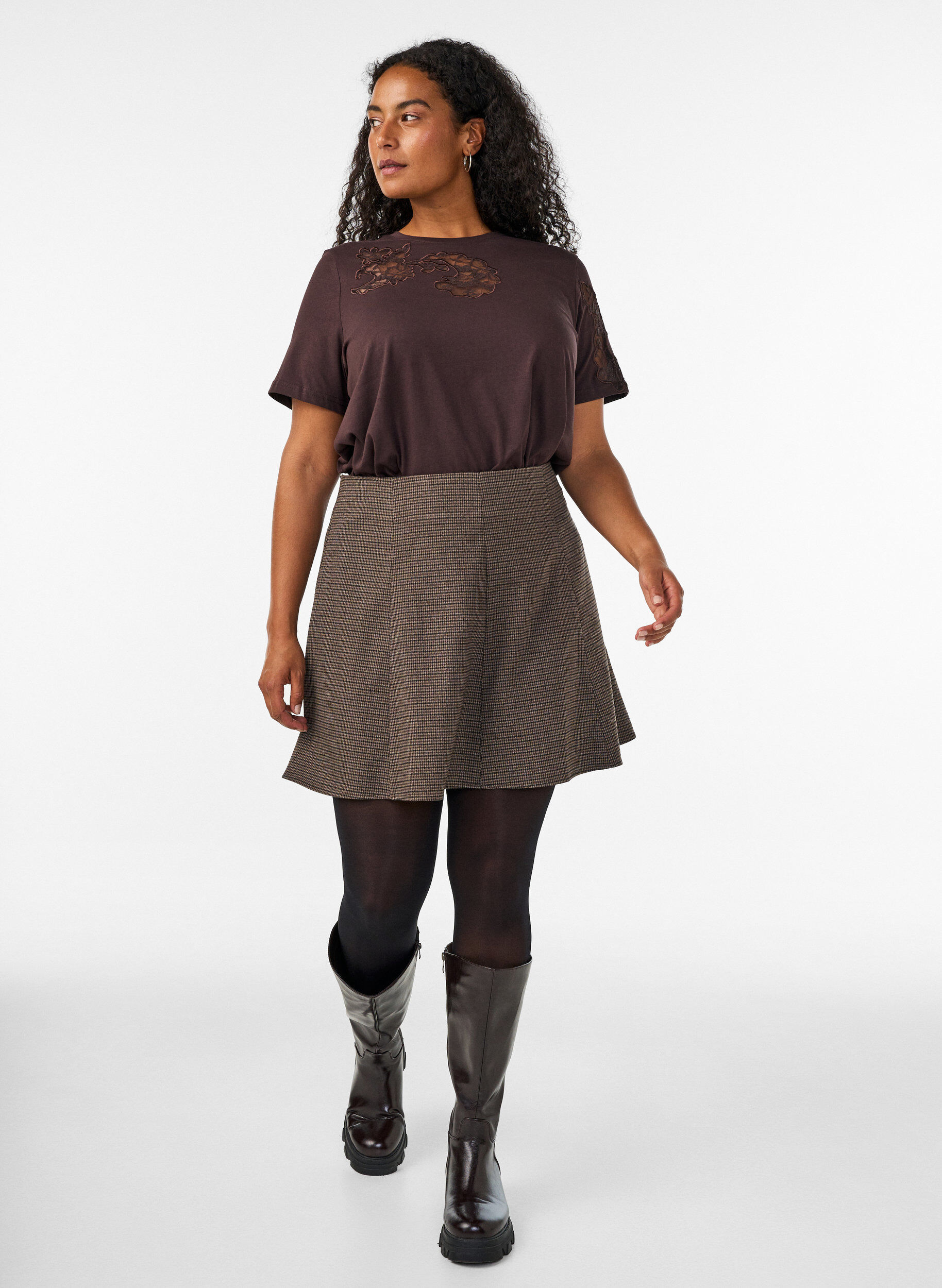 ZizzifashionCotton T-shirt with lace appliqu&eacute;s, Brown, Model image number 1