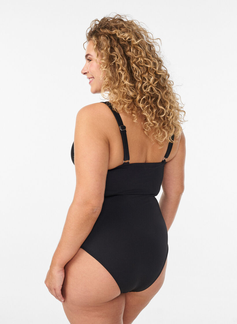 Swimsuit with v-neck and mesh detail, Black, Model image number 1