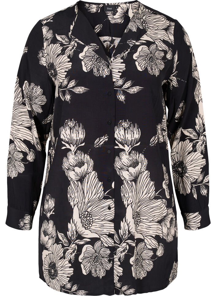 Long floral viscose shirt, Black White AOP, Packshot image number 0
