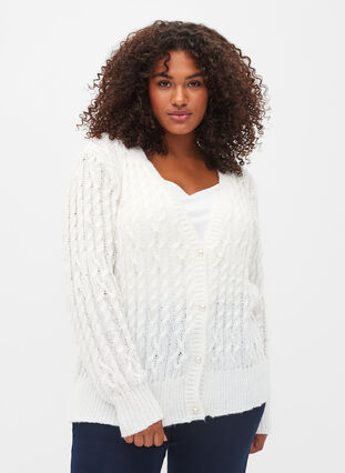 Cable knit cardigan with beads, Cloud Dancer, Model image number 0