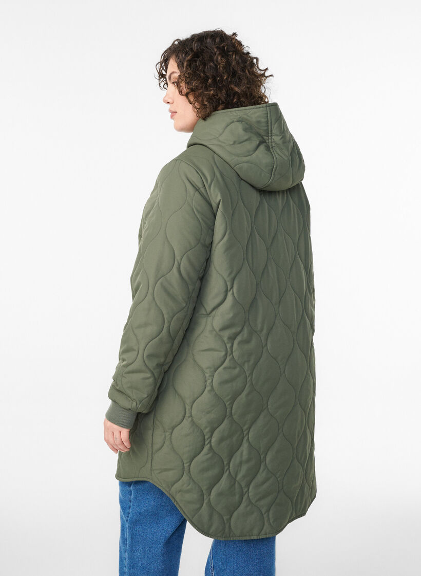 Mid-length quilted jacket with a hood, Green, Model image number 2