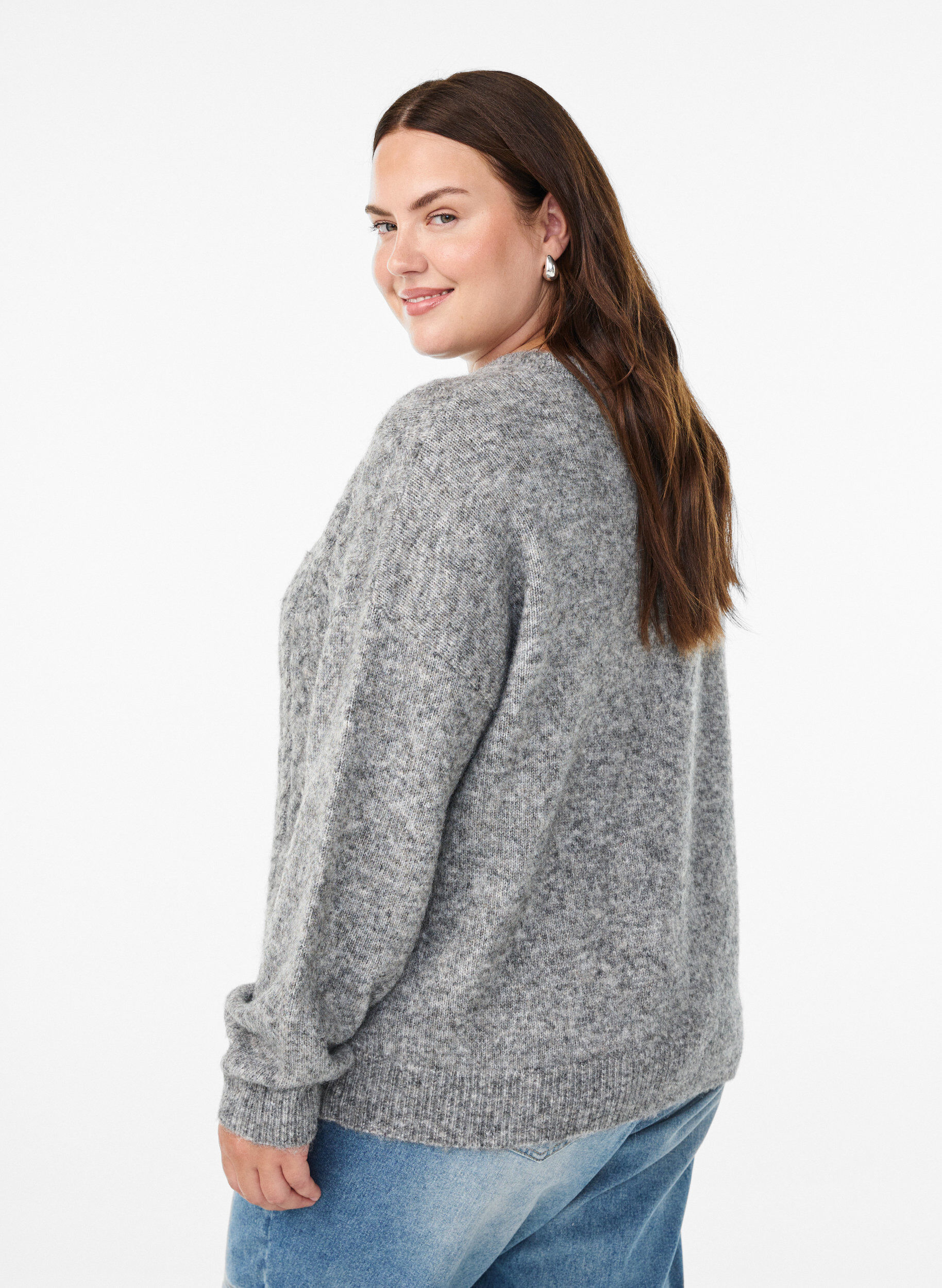 Zizzifashion Knitted blouse with cable knit pattern, Grey, Model image number 2