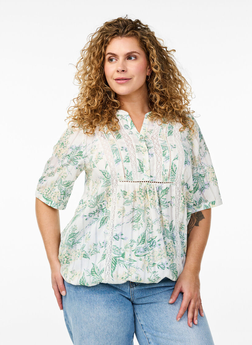 Blouse with print and 1/2 sleeves, White, Model image number 0