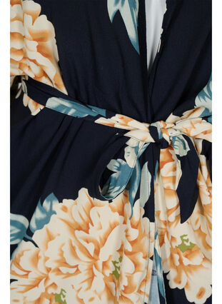 Printed viscose kimono with 3/4 sleeves, Roses on Navy, Packshot image number 2