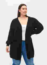 Long knitted cardigan with balloon sleeves, Black, Model