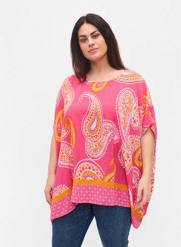 Printed short-sleeved viscose blouse, Pink Paisley, Model image number 0