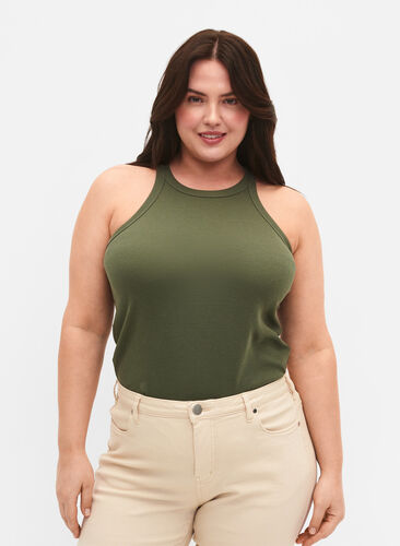 Ribbed cotton tank top, Thyme, Model image number 0