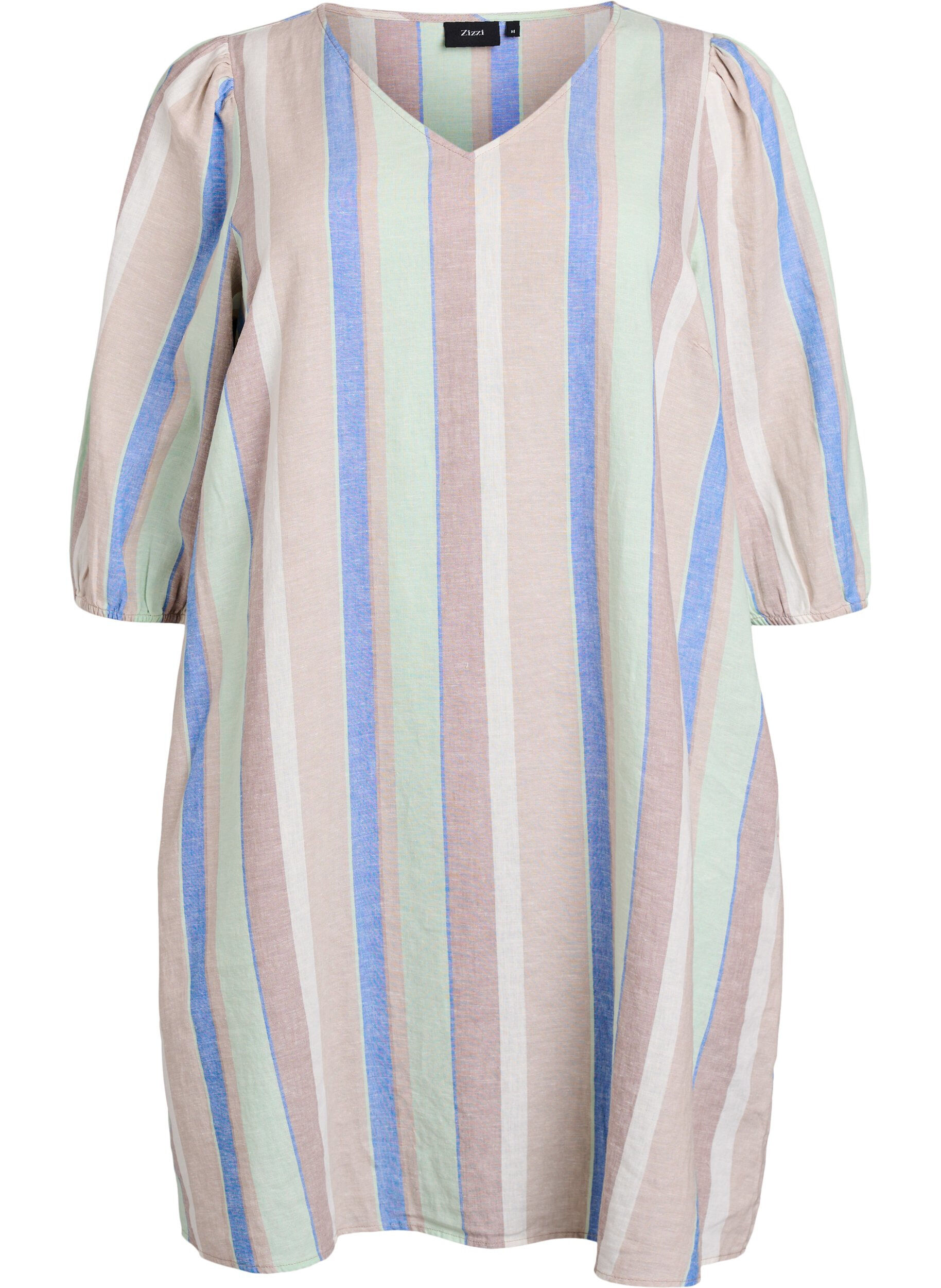 ZizzifashionShort dress in linen and viscose with 3/4 sleeves, Blue, Packshot image number 0