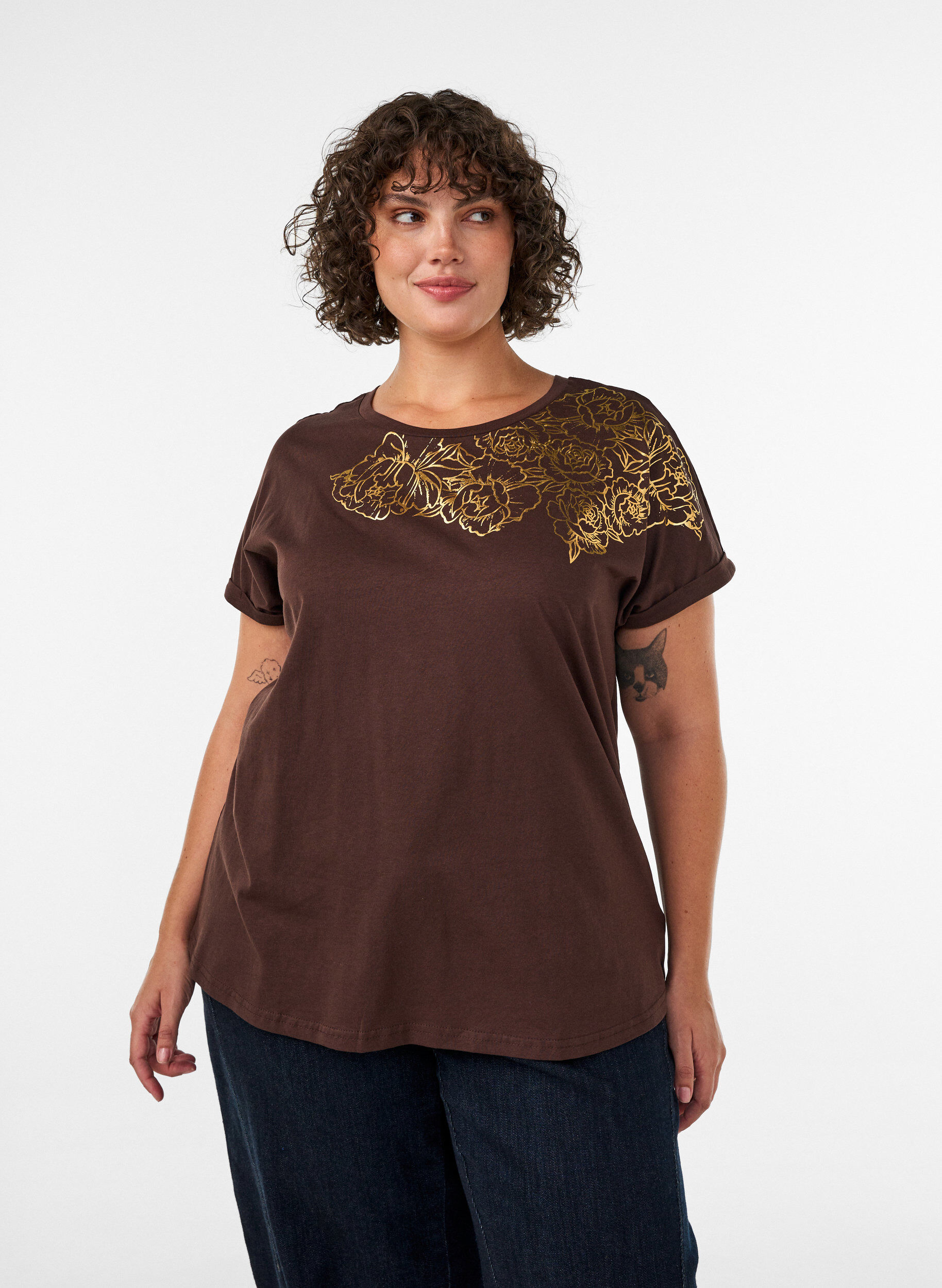 ZizzifashionCotton T-shirt with floral print, Brown, Model image number 0