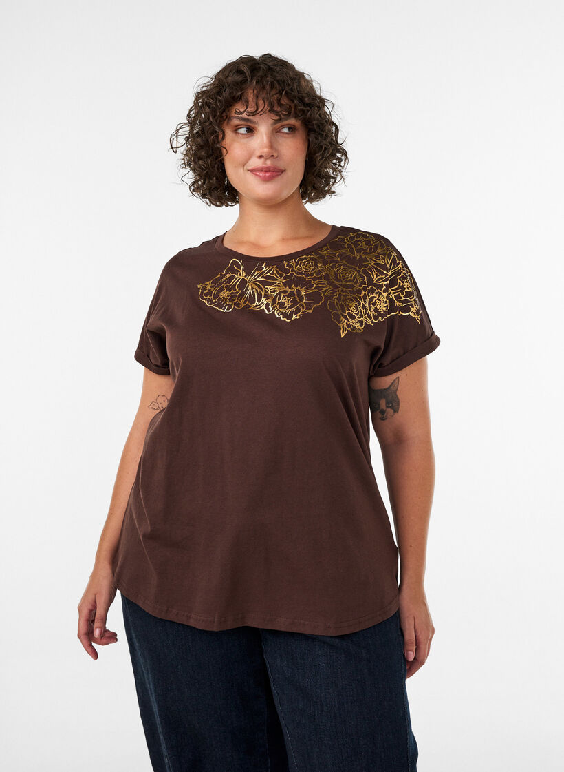 Cotton T-shirt with floral print, Brown, Model image number 0