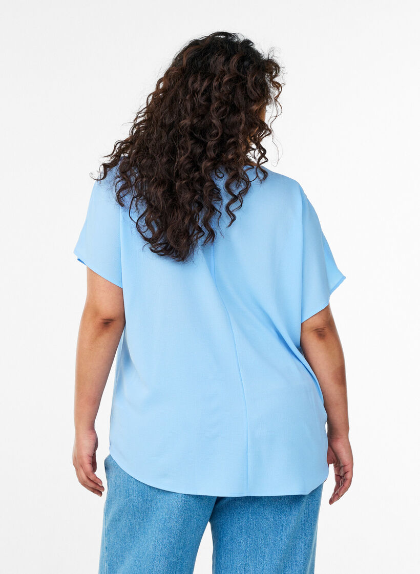 Blouse with short sleeves and a round neckline, Blue, Model image number 2