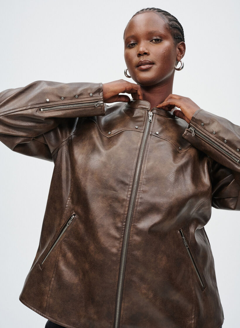 Faux leather jacket with studs and pockets, Brown, Image image number 0