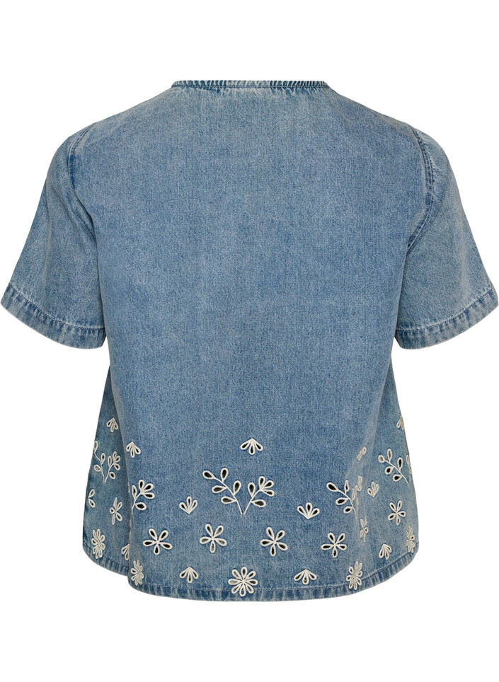 Short-sleeved denim blouse with broderie anglaise, Light Blue, Packshot image number 1