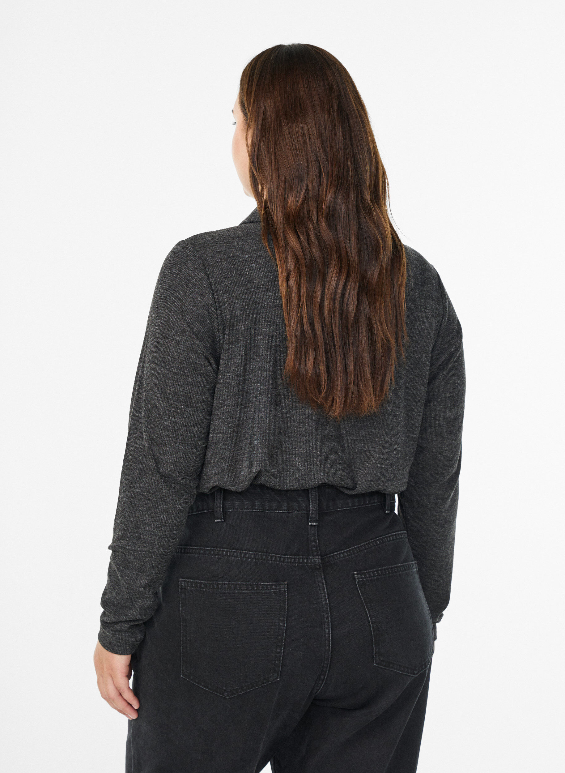 Zizzifashion Long-sleeved polo in stretchy ribbed quality, Dark Grey, Model image number 2