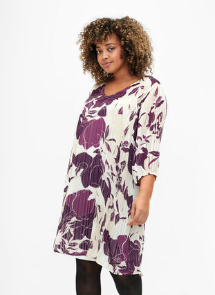 Printed dress with v-neck and 3/4 sleeves, D.Purple Graphic AOP, Model image number 0