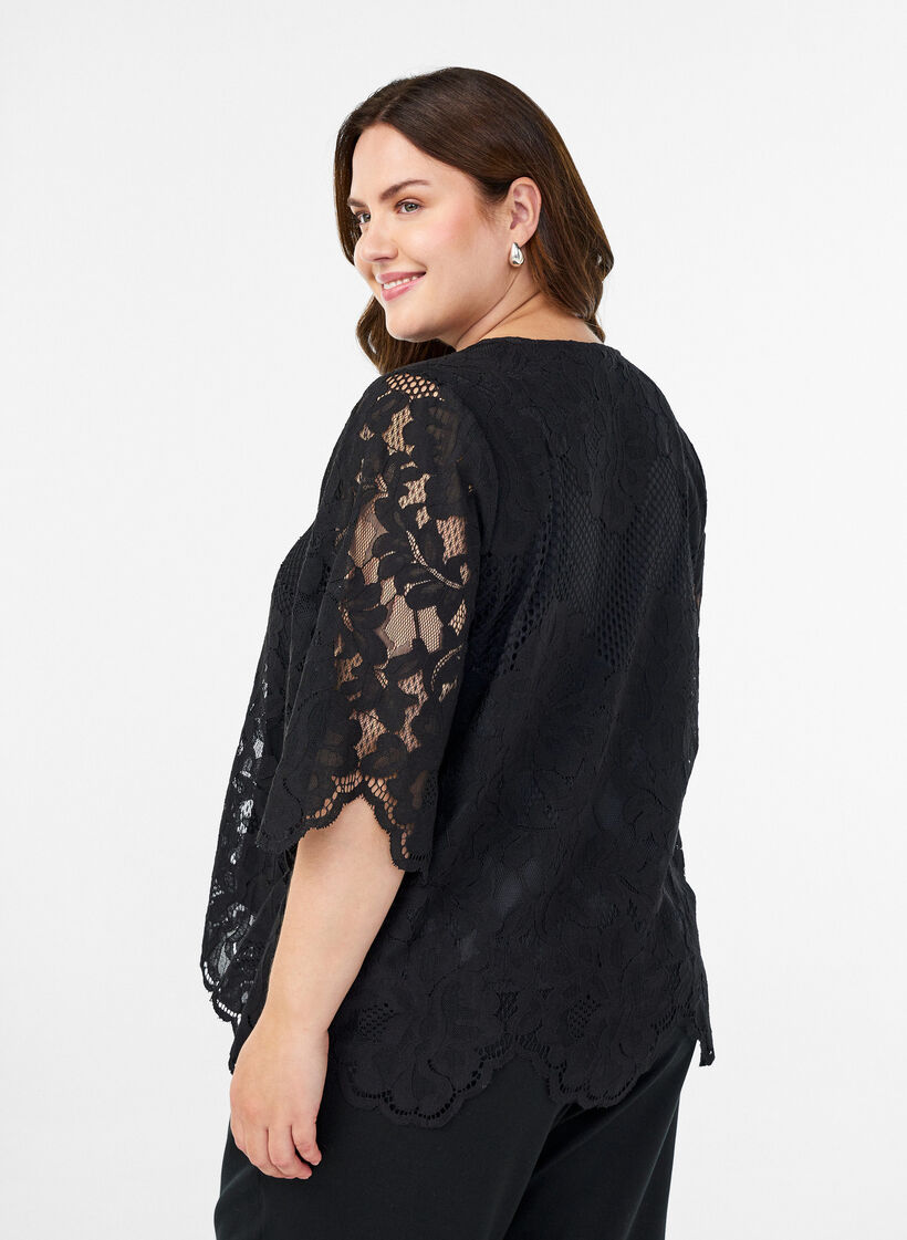 Lace blouse with V-neck and 1/2 sleeves, Black, Model image number 2