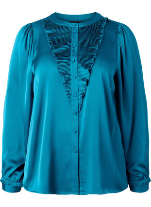 Satin shirt blouse with ruffle details, Shaded Spruce, Packshot image number 0