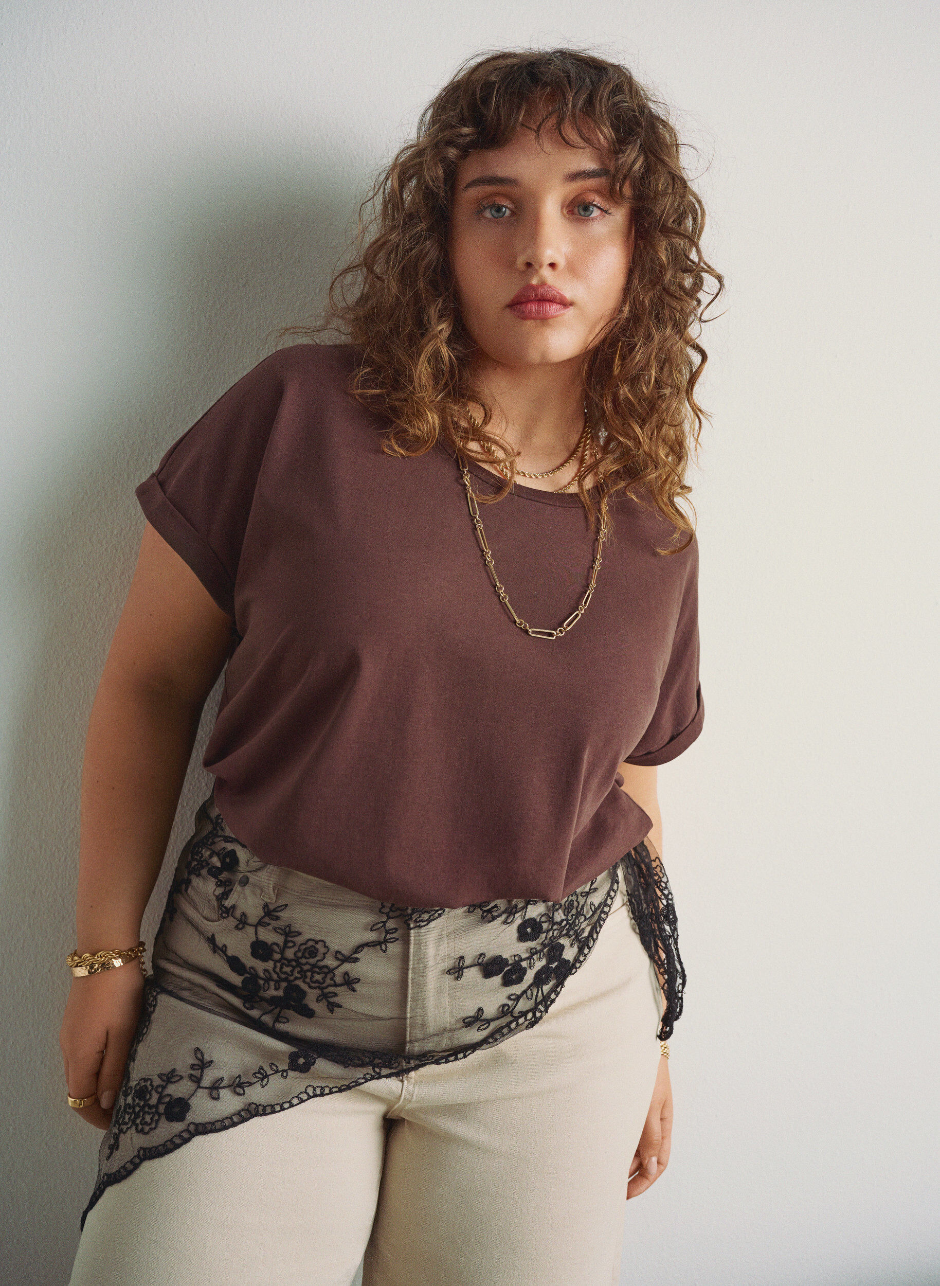 Zizzifashion Short-sleeved cotton blend t-shirt, Brown, Image image number 0