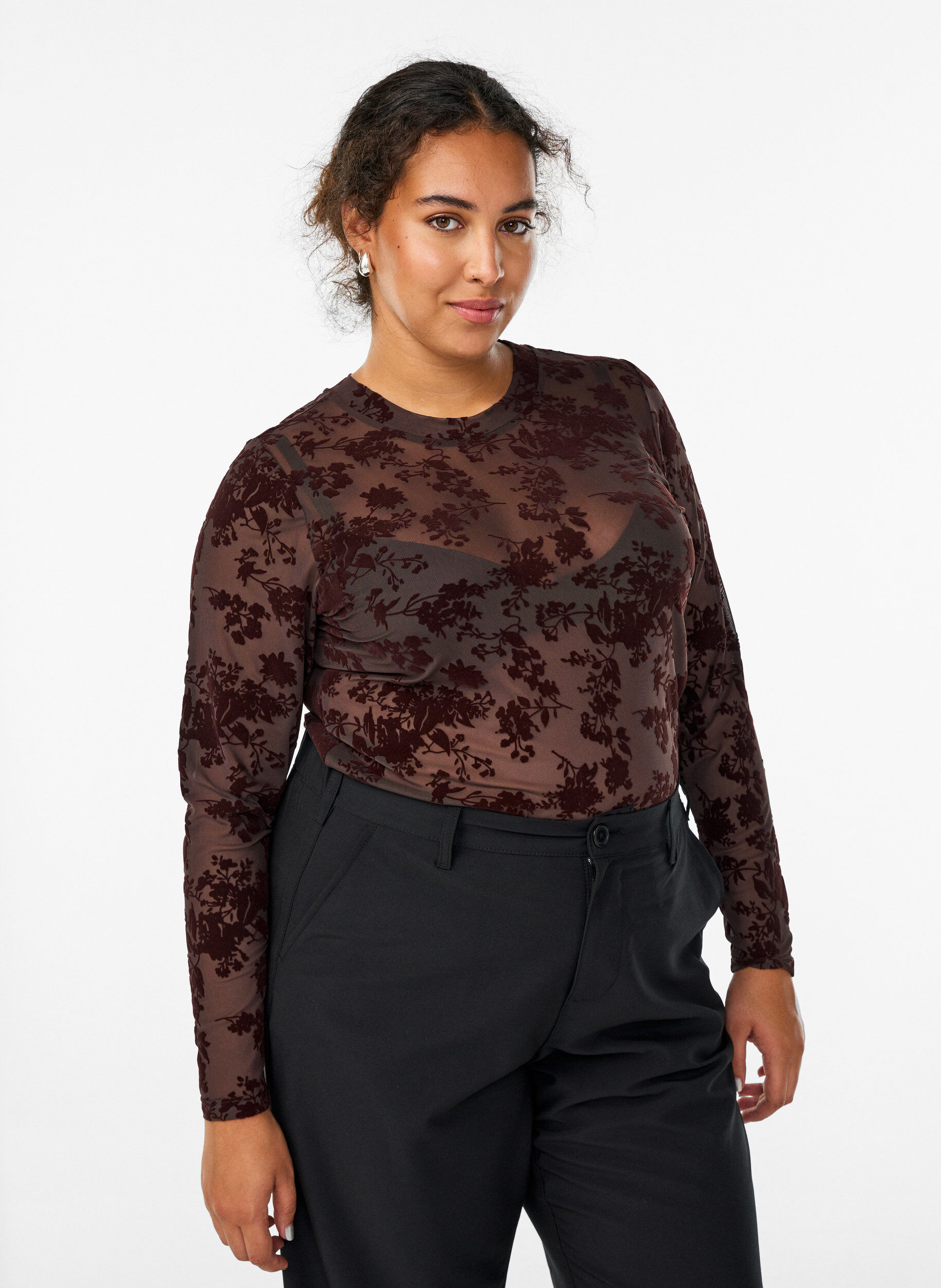 Zizzifashion Mesh blouse with floral pattern, Brown, Model image number 0