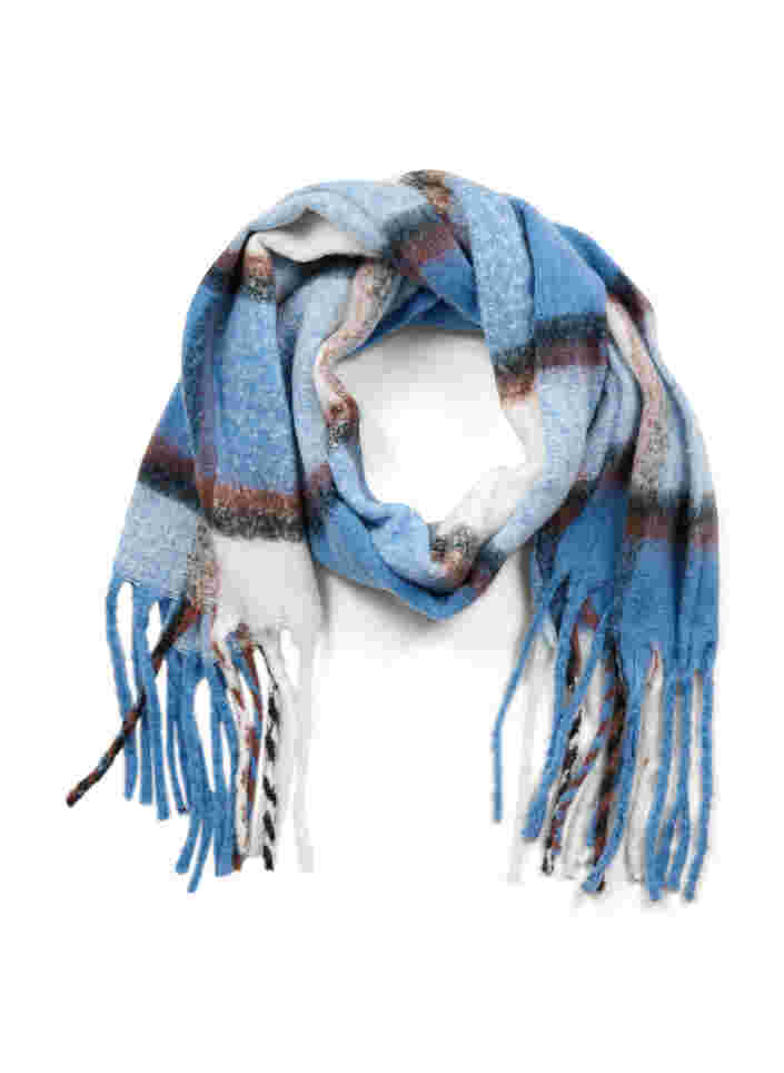 Patterned scarf with fringes, Blue, Packshot image number 0