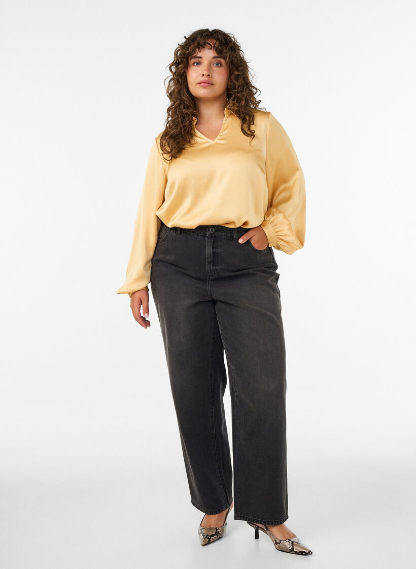 Blouse with shirt collar and V-neck, Yellow, Model image number 1