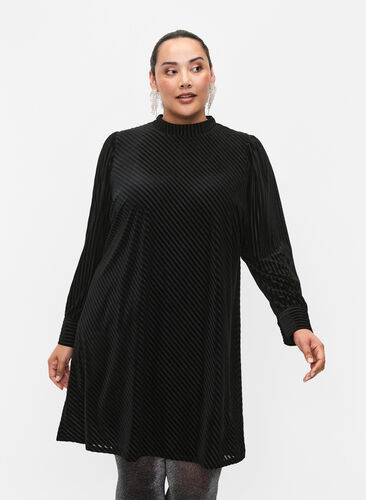 Textured dress in velour, Black, Model image number 0