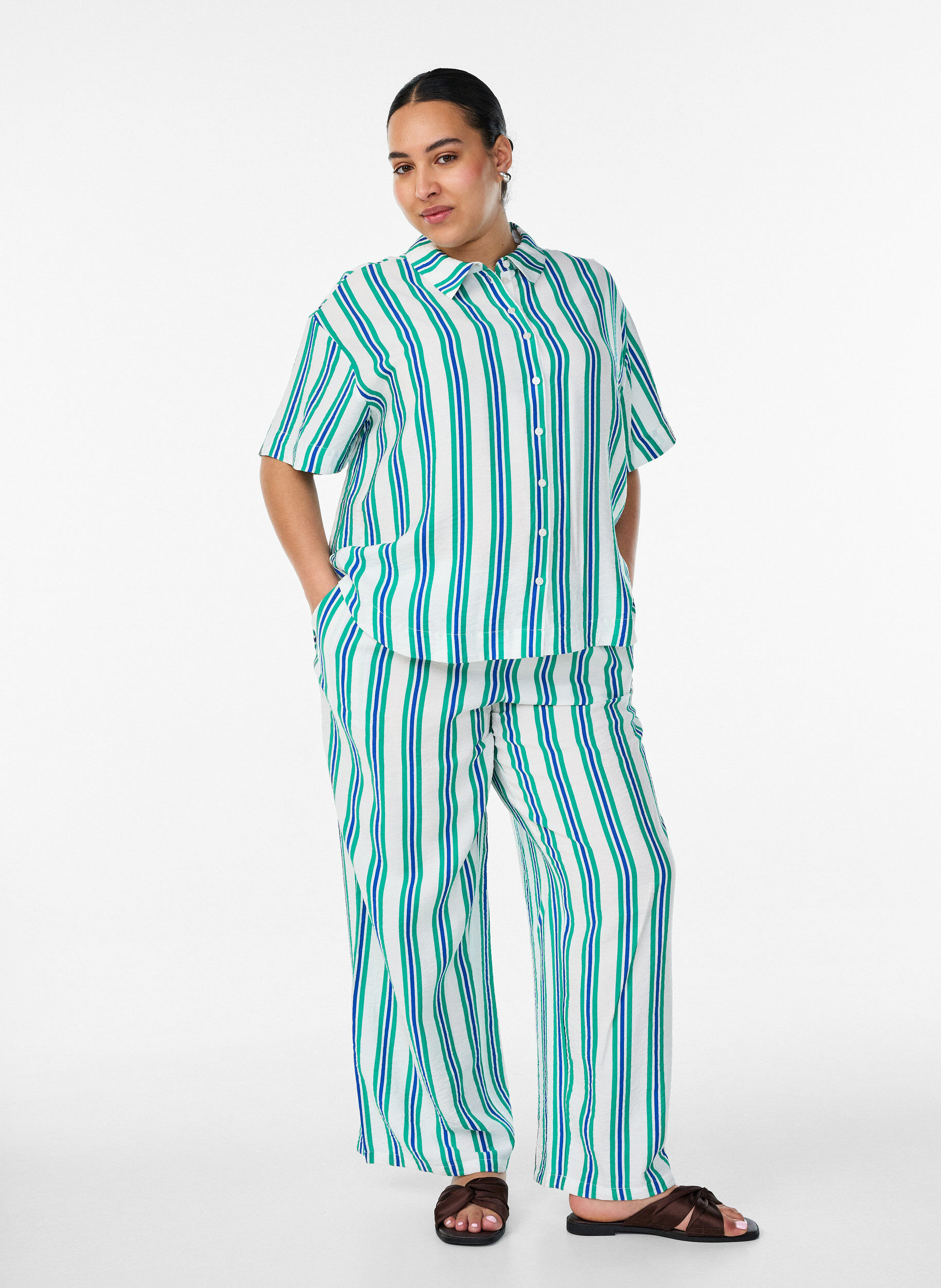 ZizzifashionStriped viscose shirt with short sleeves, Vanilla, Model image number 1