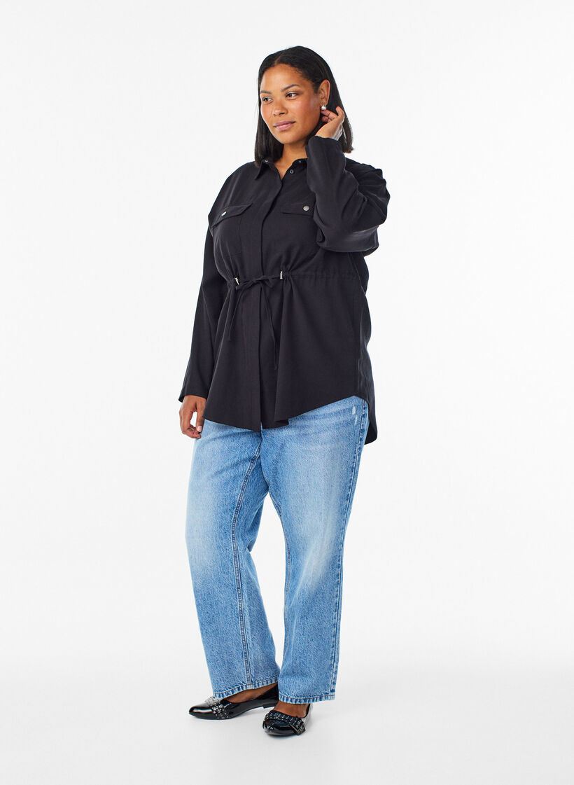 Tunic with chest pockets and adjustable waist, Black, Model image number 1