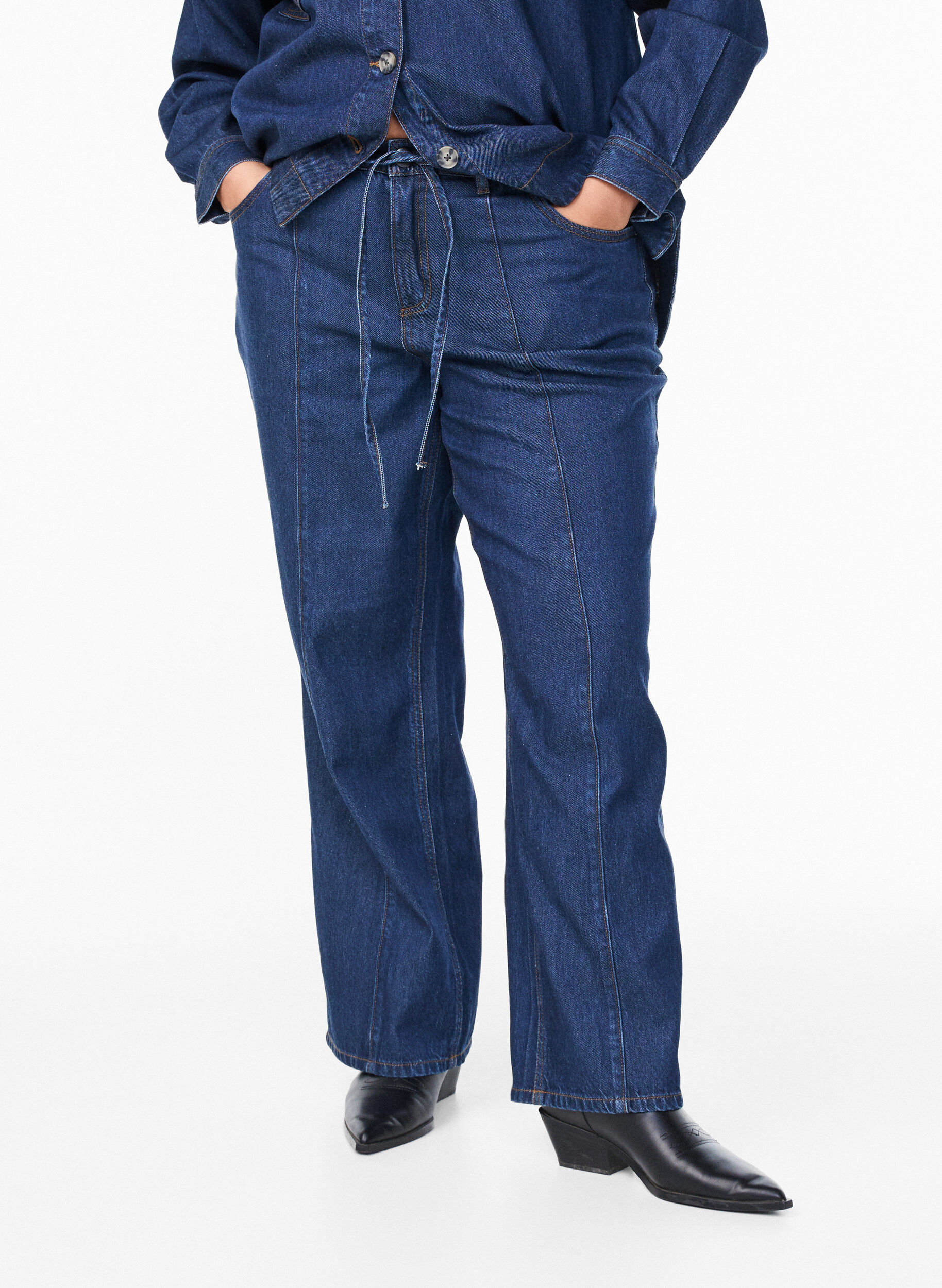 ZizzifashionWide leg jeans with tie belt and high waist, Blue, Model image number 2