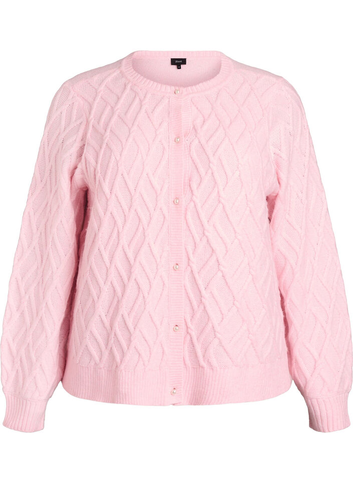 Cable knit cardigan with pearl buttons, Rose, Packshot image number 0