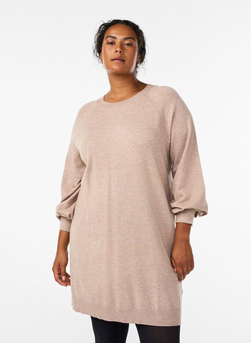 Short knitted dress with raglan sleeves, Beige, Model image number 0