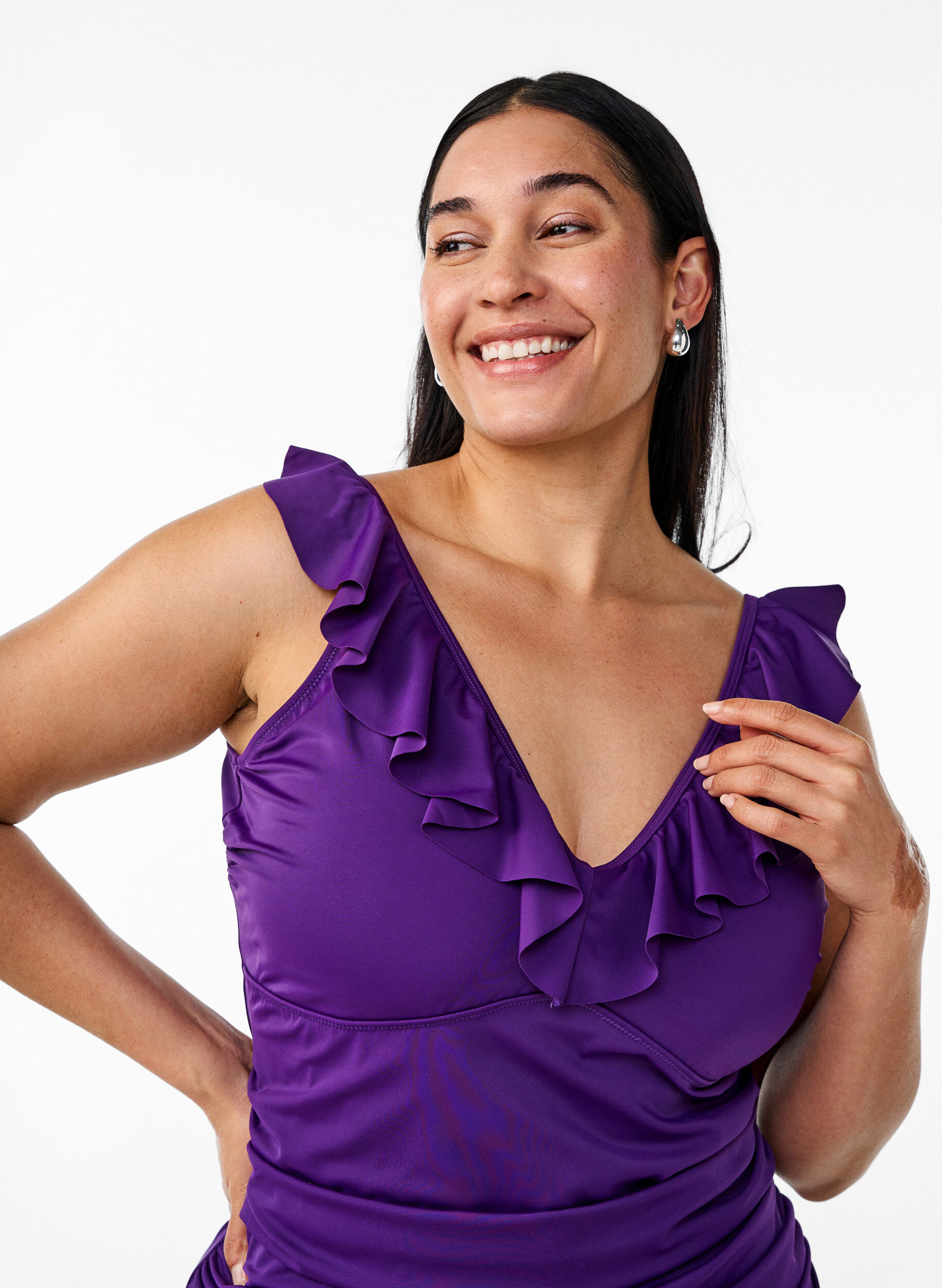 Zizzifashion Swimsuit with ruffles and removable inserts, Purple, Model image number 2