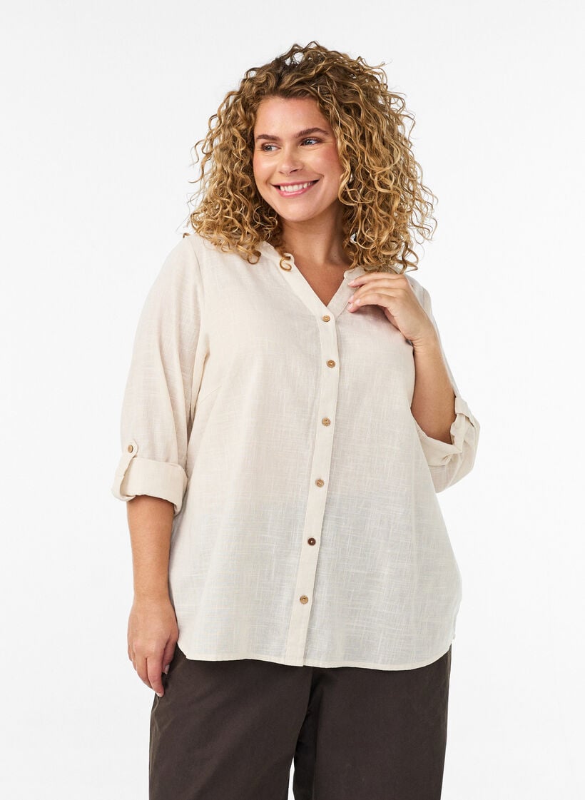 Cotton shirt blouse with a v-neck, Vanilla, Model image number 0