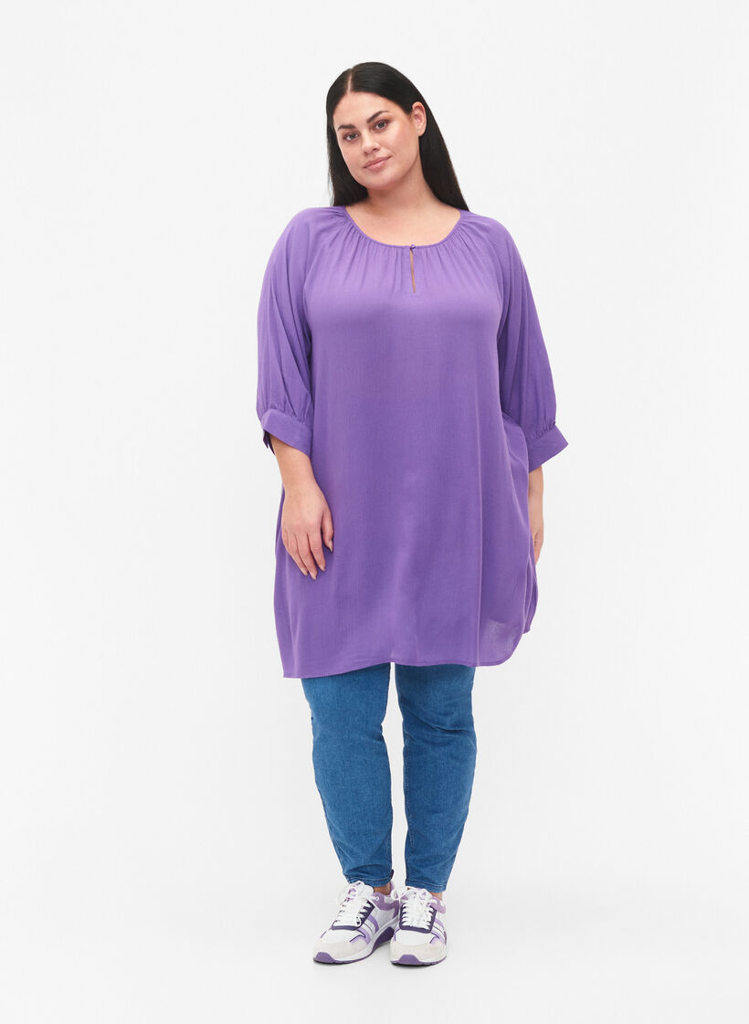 Viscose tunic with 3/4 sleeves, Purple, Model image number 1